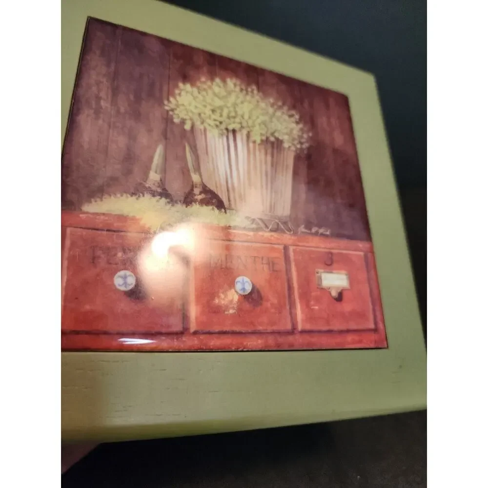 Arnie Fisk Print Tile Top Green Wooden Jewelry/Trinket Box 5.5